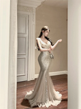 Shiny Mermaid V Neck Silver Sequin Tulle Prom Dress Evening Dress Formal Gown HZ1023