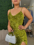 Sexy Mermaid Spaghetti Strap Green Sequin Velvet Prom Dress Evening Dress with Slit HZ1023