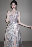 Shiny Silver Sequin Spaghetti Strap V Neck Prom Dress Evening Dress with Slit HZ1023