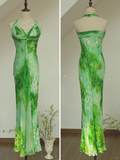 Unique Sheath Halter Green Print Floral Chiffon Open Back Long Prom Dress Formal Dress HZ1023