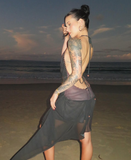 Sexy Black Sheath Halter Pleated Beaded Chiffon Vacation Dress Outfits HZ1023