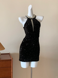 Sexy Sheath Halter Rhinestone Black Sequin Short Mini Homecoming Dress Cocktail Dress HZ1023