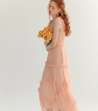 Orange-pink A Line Spaghetti Strap Lace Long Prom Dress Party Dress HZ1023