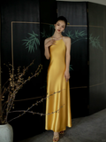 Simple Yellow A Line Spaghetti Strap Satin Open Back Prom Dress Evening Dress HZ1023