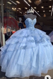 Sweet Blue Tulle Beaded Prom Dress Ball Gown Quinceanera Dress HZ1023