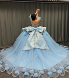 Romantic Poofy Baby Blue Floral Puff Sequin Tulle Ball Gown Quinceanera Dress HZ1023