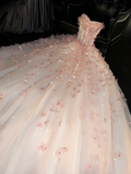 Romantic A Line Sweetheart Neck Floral Beaded Pink Tulle Prom Dress Evening Dress HZ1023
