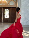 Charming Red A Line Halter Tulle Chiffon Long Prom Dress Evening Dress HZ1023