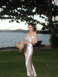 Silver Grey Sheath Strapless Satin Long Prom Dress Formal Gown Party Dress HZ1023