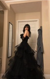 Princess A Line Sweetheart Neck Black Tiered Tulle Long Prom Dress Evening Dress HZ1023