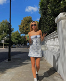 Cute Sheath Strapless Print Floral Blue Satin Short Homecoming Dress Birthday Dress HZ1023