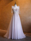 A-line Corset Applique Tulle Bow Straps Long Prom Dress with Sweep Train HZ1023