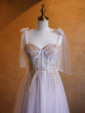 A-line Corset Applique Tulle Bow Straps Long Prom Dress with Sweep Train HZ1023