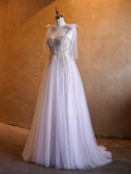 A-line Corset Applique Tulle Bow Straps Long Prom Dress with Sweep Train HZ1023