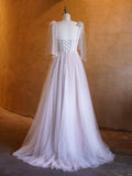 A-line Corset Applique Tulle Bow Straps Long Prom Dress with Sweep Train HZ1023
