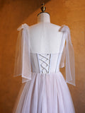 A-line Corset Applique Tulle Bow Straps Long Prom Dress with Sweep Train HZ1023