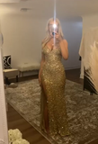 Gold Sequin V Neck Slit Prom Dress Evening Dress HZ1023