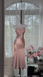 Pink Mermaid Spaghetti Strap Simple Satin Tulle Date Dress Evening Dress Wedding Guest Dress HZ1023