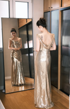 Shiny A Line Straps Golden Sequin Long Party Dress Wedding Guest Dress with Slit HZ1023