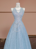 Dreamy Baby Blue A Line Halter Sequin Beaded Tulle Long Prom Dress Party Dress HZ1023