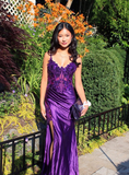 Purple Sheath Spaghetti Strap Appliques Satin Prom Dress Evening Dress with Slit HZ1023
