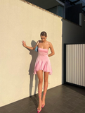 Pink A Line Halter Chiffon Satin Mini Homecoming Dress HZ1023
