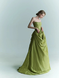 Charming Green Ball Gown Strapless Pleated Satin Prom Dress Formal Gown HZ1023