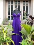 Purple A Line Sweetheart Neck Rhinestone Chiffon Long Prom Dress Evening Dress HZ1023