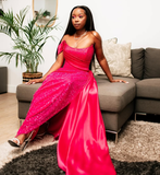 Pink Sheath Strapless Sequin Satin Long Prom Dress Graduation Prom Dress with Slit HZ1023