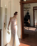 Light Pink Mermaid Off the Shoulder Butterfly Tulle Long Prom Dress Party Dress HZ1023