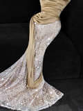 Khaki Mermaid Strapless Sequin Satin Long Prom Dress Evening Dress HZ1023