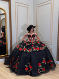 Sexy Red Flower Ball Gown Off the Shoulder Black Tulle Sweet 16 Dress Party Gowns Quinceanera Dresses HZ1023