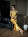 Simple Yellow A Line Spaghetti Strap Satin Open Back Prom Dress Evening Dress HZ1023