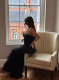 Black Mermaid Strapless Layered Tulle Long Prom Dress Evening Dress HZ1023