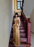 Golden A Line Spaghetti Strap Pleated Velvet Prom Dress Party Dress HZ1023