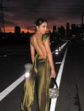 Sexy Olive Green Sheath Straps Satin Open Back Long Wedding Guest Dress Party Dress HZ1023
