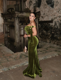 Elegant Mermaid Off the Shoulder Green Velvet Long Prom Dress Evening Dress HZ1023