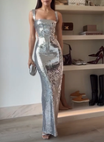 Silver Sequin Sexy Backless Prom Dress Mermaid Evening Dress HZ1023