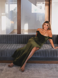 Green Sheath Off the Shoulder Corset Velvet Long Prom Dress Evening Dress with Slit HZ1023