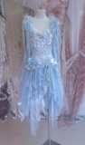 Baby Blue A Line Straps Floral Beaded Tulle Short Prom Dress 16th Birthday Dress HZ1023
