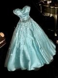 Stunning A Line Sweetheart Neck Beaded Blue Tulle Satin Party Dress Wedding Guest Dress HZ1023