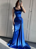 Royal Blue Mermaid Straps Corset Pleated Satin Long Prom Dress Evening Dress HZ1023