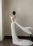 Retro Mermaid V Neck White Lace Chiffon Long Prom Dress Wedding Dress HZ1023