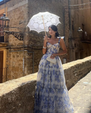 Elegant Floral Print Chiffon Long Prom Dresses Evening Dresses HZ1023