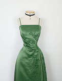 Retro A Line Spaghetti Strap Green Beaded Satin Long Evening Dress Party Dress HZ1023