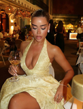 Yellow A Line Halter Satin Open Back Prom Dress Party Dress HZ1023