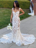 Elegant Long Mermaid Lace Applique Prom Dress Wedding Dress Evening Dress HZ1023