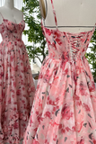 Spaghetti Straps Corset Floral Chiffon Prom Dress Slit Ruffles Party Dress HZ1023