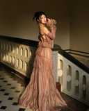 Charming Brown A Line Long Sleeve Satin Long Prom Dress Evening Dress HZ1023