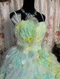 Green Ombre Ball Gown Spaghetti Strap Floral Tulle Long Prom Dress Evening Dress HZ1023